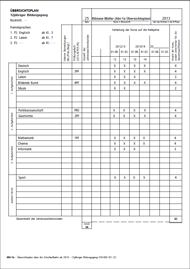  1. Seite des Crystal Reports Berichts für den Übersichtsplan über die Schullaufbahn ab 2010 – 12jähriger Bildungsgang (VO-GO)