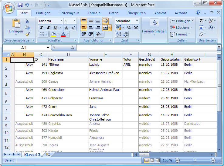 Dies ist die Anzeige eines aus MAGELLAN exportierten Schlüsselverzeichnisses in Excel