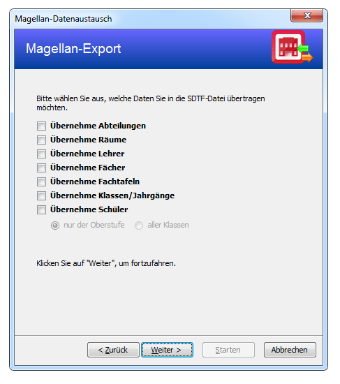 Wählen Sie hier die Daten aus, die Sie aus MAGELLAN exportieren wollen.